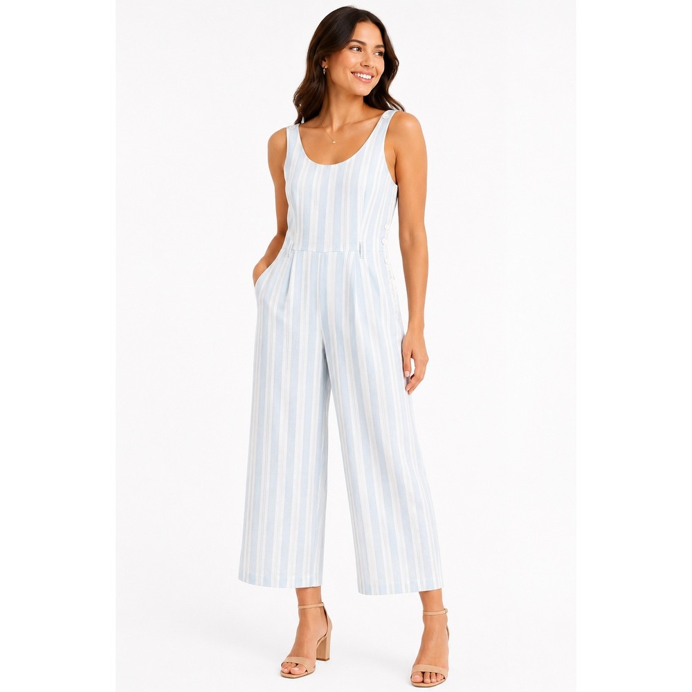 Vintage DEB Blue White Striped Sleeveless Crop Jumpsuit Wide Leg Size 7